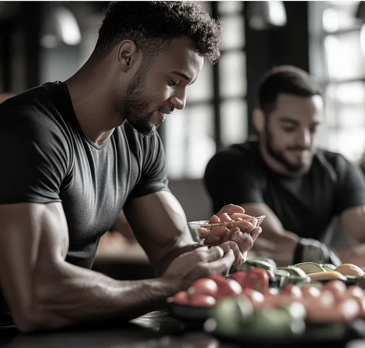 Two men preparing healthy meals with vegetables and fruits.
